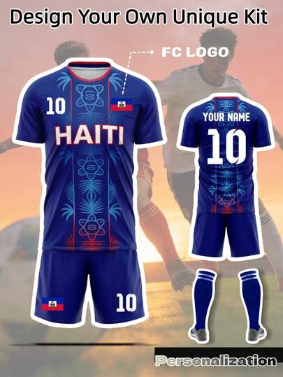 Bộ áo đấu bóng đá Haiti thiết kế riêng, áo và quần màu xanh in hình cá nhân, có tên và số tùy chỉnh, phù hợp cho World Cup 2026, thích hợp cho các trận đấu bóng đá, bóng rổ, bóng chuyền, tập luyện và mặc hàng ngày.