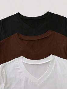 Camiseta casual versátil de mujer de unicolor con cuello en V y manga corta - Blanco - Ver 4