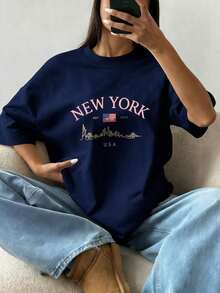 Women's Short-Sleeved T-Shirt With A Round Neck And Simple Slogan Print, Casual Summer Style, Loose Fit, Ideal For Everyday Wear And Holidays. Women's T-Shirt. - 海軍藍 2 - 查看 4