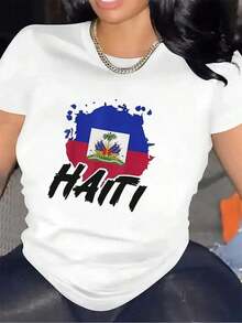 Lightweight And Durable T-Shirt Featuring The Haitian Flag, Ideal For Casual Outings, Outdoor Events, Festivals, Parties, And Everyday Wear, Offering A Comfortable Fit And Graphic Design. Women's Short-Sleeved T-Shirt With A Crew Neck, Casual Style, Perfect For Everyday Wear And Travel. - 白色 - 查看 1