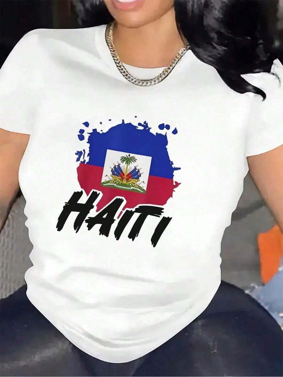 Lightweight And Durable T-Shirt Featuring The Haitian Flag, Ideal For Casual Outings, Outdoor Events, Festivals, Parties, And Everyday Wear, Offering A Comfortable Fit And Graphic Design. Women's Short-Sleeved T-Shirt With A Crew Neck, Casual Style, Perfect For Everyday Wear And Travel. - 白色 - 查看 1