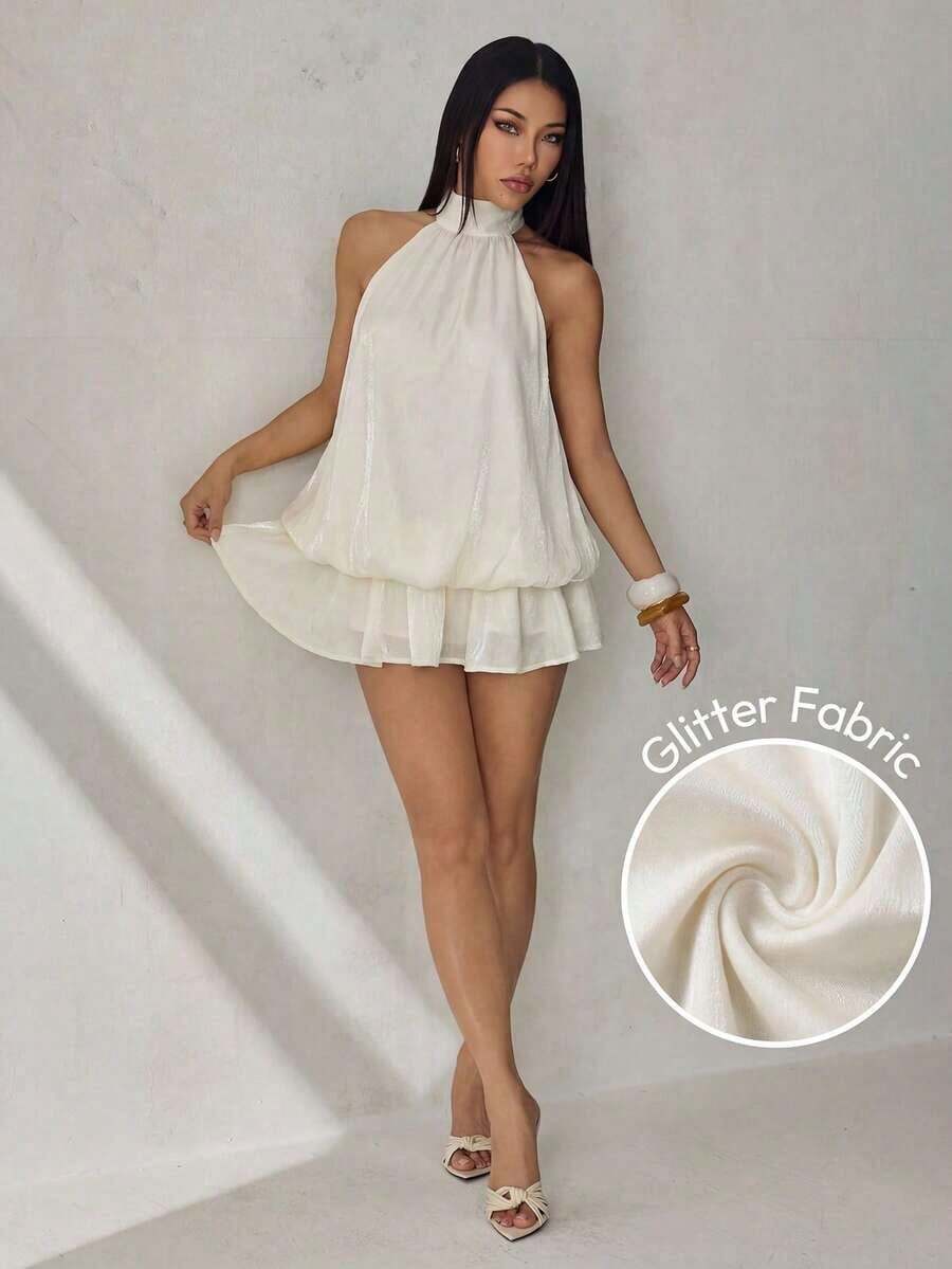 Vestido mini elegante sin mangas con cuello de corbata en amarillo pálido, adecuado para fiestas, citas, otoño/invierno y primavera/verano - Albaricoque - Ver 1