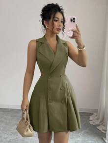 Vestido corto de verano casual de mujer de unicolor con doble botonadura y sin mangas - Caqui - Ver 11