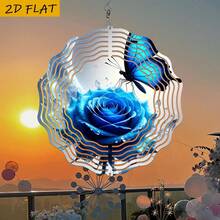 1pc Blue Butterfly & Glowing Blue Rose Metal Windmill - 10 Inch Round Double-Sided Garden Art With Rotating Hook, 360° DIY Creative Dynamic Outdoor Decor For Yard And Lawn, Butterfly Decor (Pendant Not Included), Random Style - A - View 4