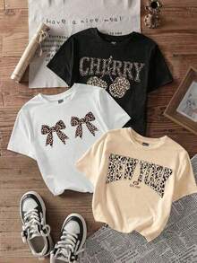 Women's Set. Single Garment, Not A 3-Piece Set. 1 Piece/Set Of Short-Sleeved T-Shirts Suitable For Streetwear. Oversized Round Neck Top For Daily Outings, Camping, Concerts, Hip-Hop, Rock, And Rap Events. Casual T-Shirt With Letter Print And Bow, Animal Print Style, Soft Fabric, Loose Fit, Round Neck, Short Sleeves, Spring/Summer Everyday Wear - 黑色 - 查看 1