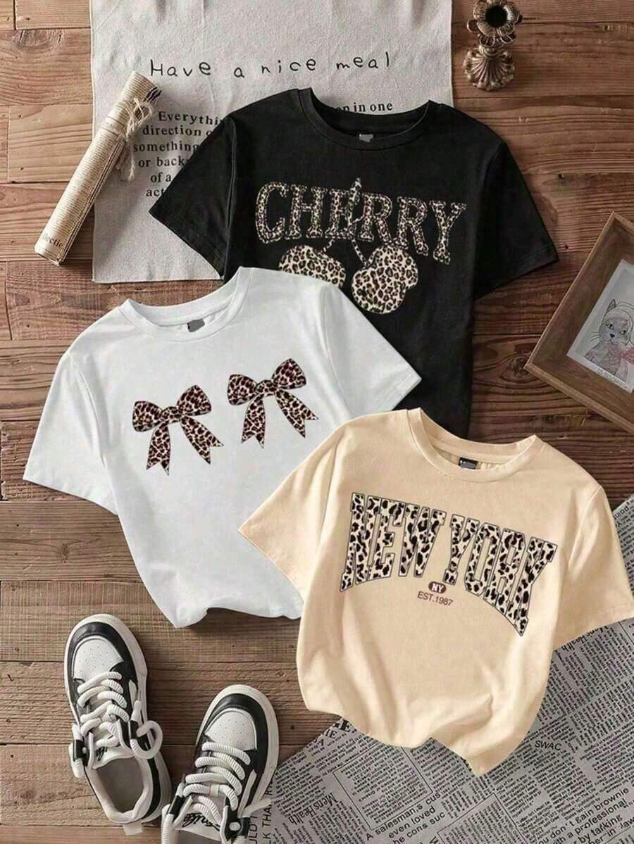 Women's Set. Single Garment, Not A 3-Piece Set. 1 Piece/Set Of Short-Sleeved T-Shirts Suitable For Streetwear. Oversized Round Neck Top For Daily Outings, Camping, Concerts, Hip-Hop, Rock, And Rap Events. Casual T-Shirt With Letter Print And Bow, Animal Print Style, Soft Fabric, Loose Fit, Round Neck, Short Sleeves, Spring/Summer Everyday Wear - 黑色 - 查看 1