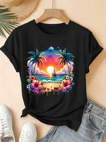 Short-Sleeved, Round-Neck T-Shirt With Vintage Print Of Sailboat, Gradient Sunset, Flowers, Seashells And Coconut Tree, Fresh Forest-Inspired Style, Loose Fit, Elegant Party Fashion For Spring/Summer 2026, Versatile Women's Clothing For Everyday Wear - 黑色 - 查看 6