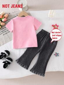 2pcs Baby Girls' Casual Fashion Spring/Autumn Outfit Set, Cartoon Girl Portrait & Letter Print, Plaid, Striped Puff Sleeve Knit Top, Denim-Effect Elastic Waist Flare Pants With Bow Decor - Pink - View 2