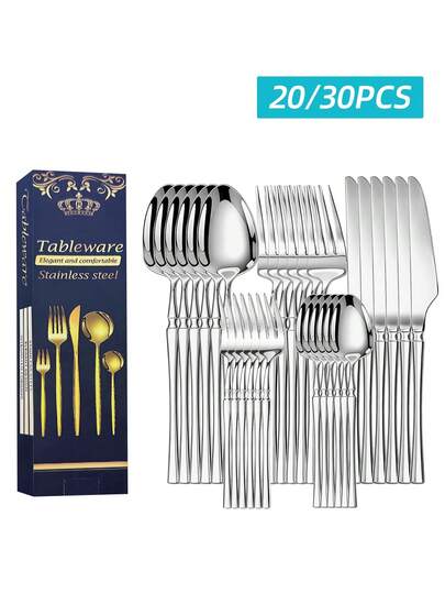 20/30 piezas Juego de cubiertos de acero inoxidable con forma de cintura, empaquetado en caja de regalo con cuchillo, tenedor, cuchara y cucharilla para el hogar, hotel y boda