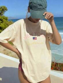Women's Summer T-Shirt, New Fashion, Simple Slogan Print, Casual Vacation Style, Loose Fit, Round Neck, Short Sleeves. Blouse For Everyday Wear And Vacations. Women's T-Shirt. - 杏 - 查看 2