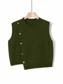 1 pieza Chaleco sin mangas de punto de unicolor con cuello redondo corto, diseño asimétrico con botones, accesorio de moda, chaleco versátil de punto para el verano - Verde - Ver 7