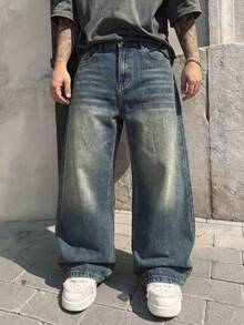 男士复古宽松阔腿水洗直筒牛仔裤，休闲街头风，适合送给男友/老公，四季皆宜 - 深色水洗藍 - 查看 4