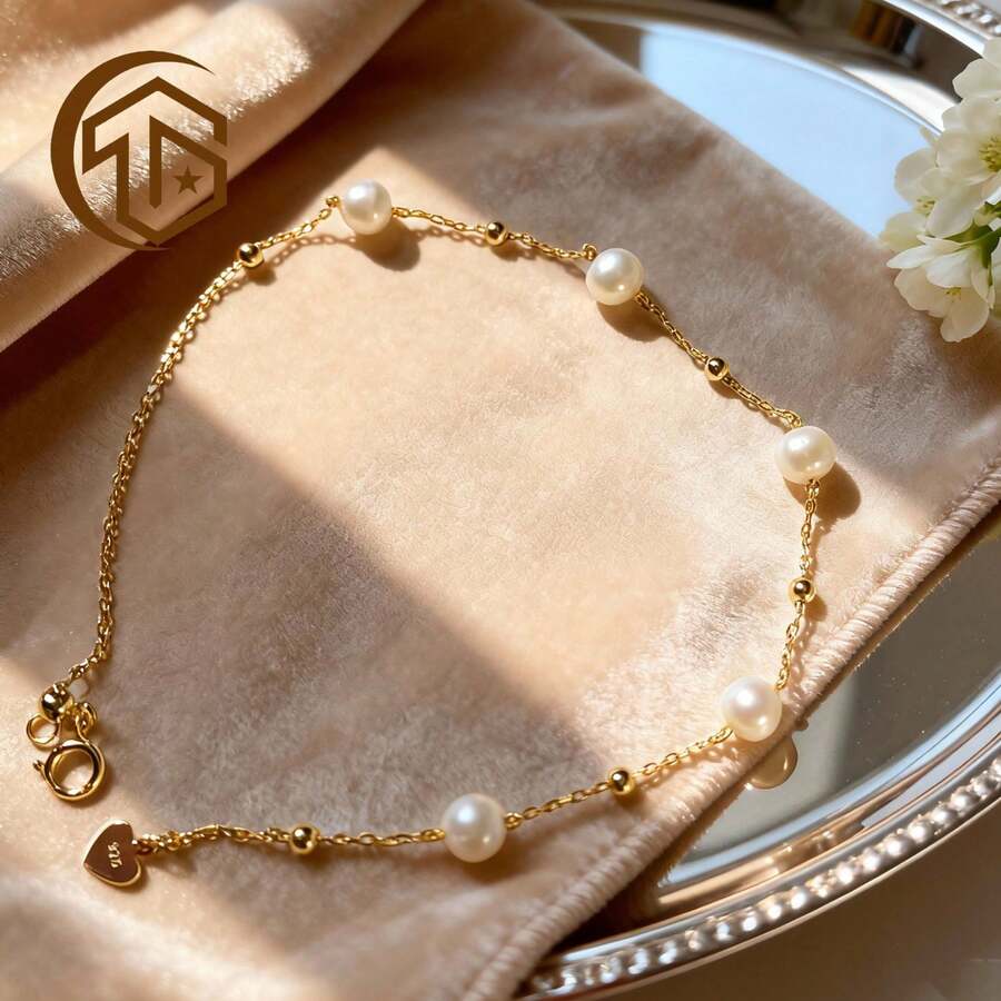Vòng tay bạc 925 mạ vàng 18k đính ngọc trai nước ngọt, có thể điều chỉnh kích cỡ, thích hợp làm quà tặng đám cưới và Ngày của Mẹ. - Vàng - Xem 1
