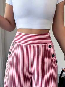Nuevos pantalones de estilo coreano de primavera/verano, minimalistas y elegantes, de lino a rayas azul y blanco, de cintura alta, estilizadores, de pierna recta y sueltos, informales para mujer - Rojo - Ver 7