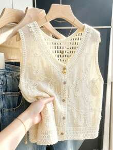 Áo gile móc hoa kiểu Pháp, áo cardigan không tay viền ngọc trai, áo croptop cổ chữ V khoét ren kiểu Bohemian, phong cách mùa hè ngọt ngào giản dị - Màu be - Xem 2