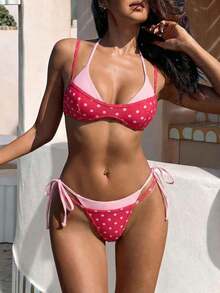 Bikini de mujer con estampado de lunares y rayas retro, casual y elegante para vacaciones, festivales de música, carreras de caballos, Kentucky Derby - Rosa Fucsia - Ver 4
