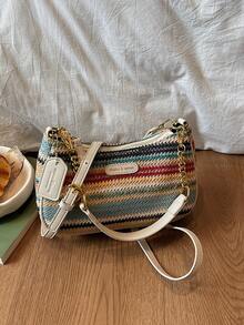 New Fashionable & Elegant Multi-Color Striped Pattern Underarm Bag With Metal Chain Handle, Women's Shoulder Bag - Multicolor - View 8
