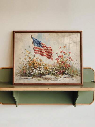 1pc, Canvas Wall Art, Framed Wall Decor, Vintage American Flag And Wildflowers, Vintage Patriotic Decor, Rustic Country-Style Decorative Poster, Perfect For July 4th Independence Day, Living Room, Bedroom, Office, And Home Wall Decor, Patriotic Home Decor, Room Decor Aesthetics, Dorm Room Decor, Kitchen Decor, Dining Room Decor, Summer Posters, Office Decor, Bathroom Decor, U.S. Independence Day Posters, Patriotic Posters