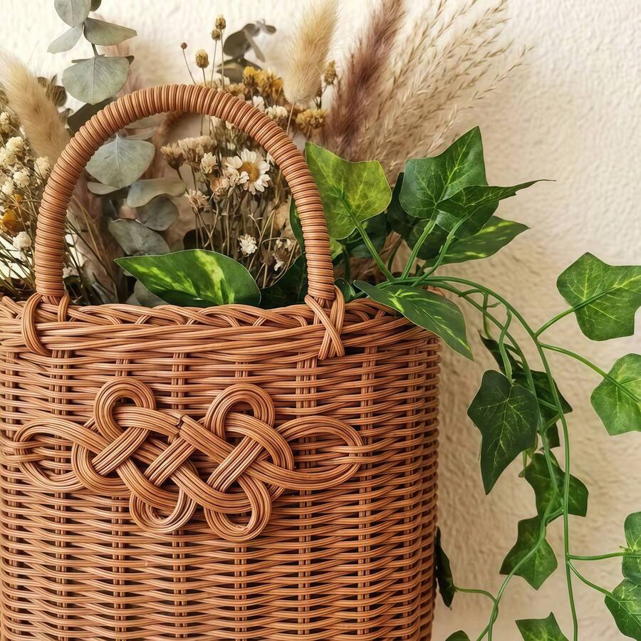 S/L Woven Rattan-Look Storage Basket, Handheld & Wall-Mounted Dual-Use Organizer, Rustic Home Decor, Multipurpose Desktop Organizer For Bedroom Kitchen Living Room Boho Wicker Basket - View 1