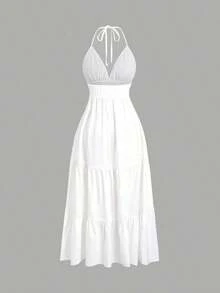 Vestido informal de vacaciones con encaje bordado y espalda descubierta con cordones en línea A - Blanco - Ver 2