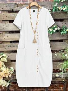 Faunlyn Vestido de bolsillo doble con botones frontales de unicolor para vacaciones casual - Blanco - Ver 4