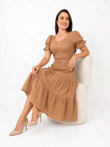 Women's 3-Marias Midi Dress In Elegant Cotton Lace With Belt And Ruffled Hem - Casual Fashion - For Dating Or Weddings - 駝色 - 查看 2