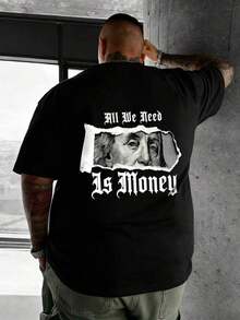AnChiStreetwear - Camiseta de manga corta de estilo gótico minimalista con estampado gráfico de eslogan "Todo lo que necesitamos es dinero" para hombres de talla grande, adecuada para la calle, al aire libre y el transporte diario - Negro - Ver 6