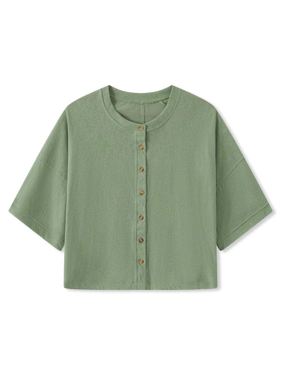 Women Cardigan Half Sleeve Button Closure Solid Loose Casual Jacket Summer Knit Tops - Green - View 1
