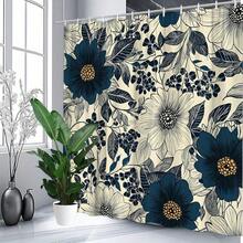 1pc An Extra-Long Shower Curtain Featuring A Navy Blue And Beige Floral Design, Showcasing An Elegant Vintage Botanical Style. Made From Polyester, It Is Machine Washable And Comes With 12 Hooks - a - 查看 2