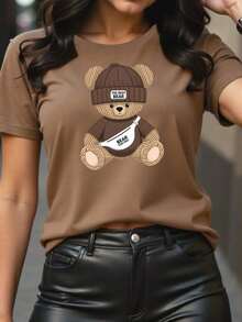 1 Bear Print T-Shirt - Soft, Breathable, Comfortable Cotton Blend, Short Sleeve, Casual Summer Sportswear, Easy Care, Quick Drying, Suitable For Outdoor Activities And Casual Wear, Casual Style, 100% Cotton, 180g, All Designs Are Printed. Unisex. - 預設圖 1 - 查看 3