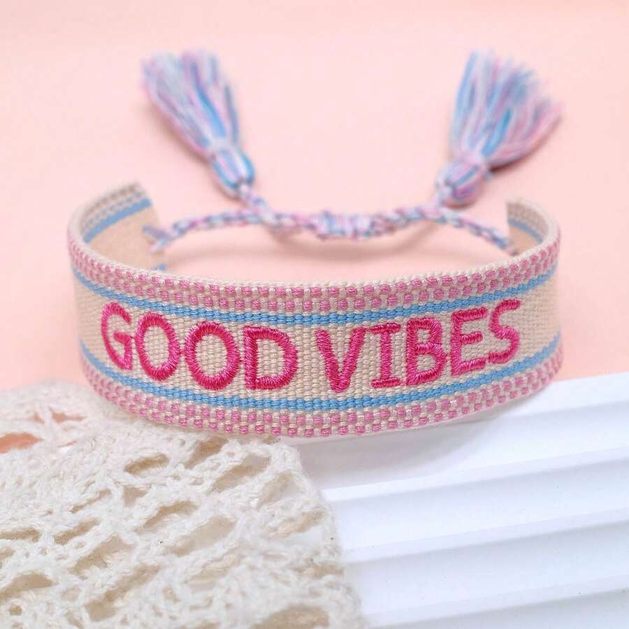 1件刺繡字母波希米亞手工編織手鍊,家人朋友節日禮物派對祝福友誼手鍊 - 彩色 - 查看 1