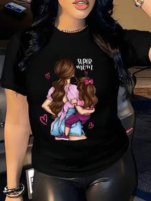 [Entrega Local]Playera Para Mujer Camiseta Casual Negra para Mujer con Estampado Gráfico 'Super Mamá', Cuello Redondo, Manga Corta, Top de Poliéster, Regalo Perfecto para el Día de la Madre - Negro - Ver 1