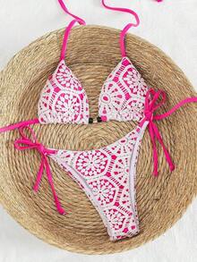 73PC Nuevo conjunto de bikini de 2 piezas de lujo y elegante Swim Vcay, con encaje de ganchillo blanco y triángulo caramelo/marrón. Parte superior de natación con cuello de halter y acentos de cuentas de madera, tanga sexy de corte alto para traje de baño/bañador de verano para playa, piscina, vacaciones, estilo retro Y2K Spice Hot Girl, festival de música, salidas a la tropical y vibraciones modernas - Rosa Fucsia - Ver 7