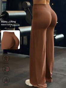 de pantalones anchos de yoga de unicolor y holgados para mujeres, cómodos y versátiles, adecuados para correr, fitness y deportes de yoga - Café integral - Ver 1