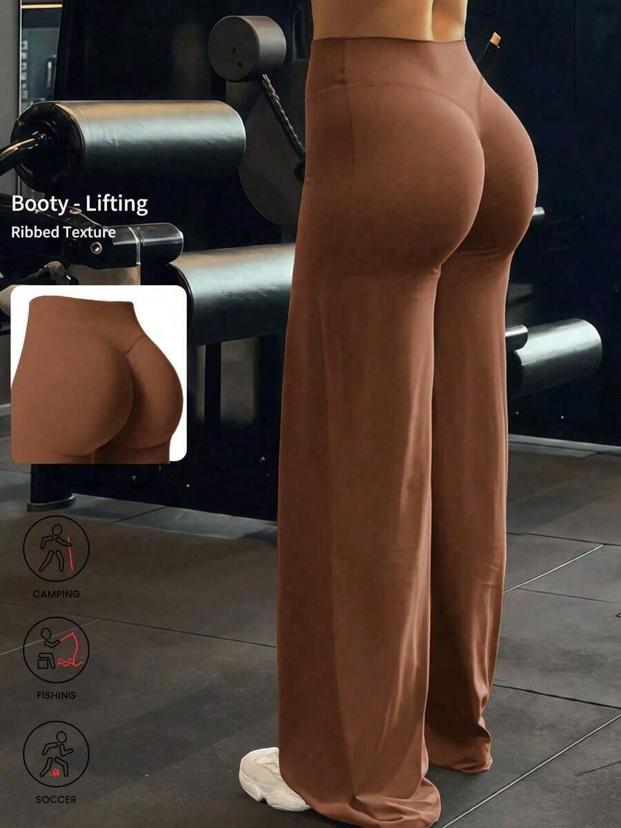 de pantalones anchos de yoga de unicolor y holgados para mujeres, cómodos y versátiles, adecuados para correr, fitness y deportes de yoga - Café integral - Ver 1