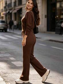 Women's Long Sleeve Knit Set, Casual Urban Fashion, Perfect For Parties Or Nights Out, Comfortable - Rỉ Nâu - Xem 4