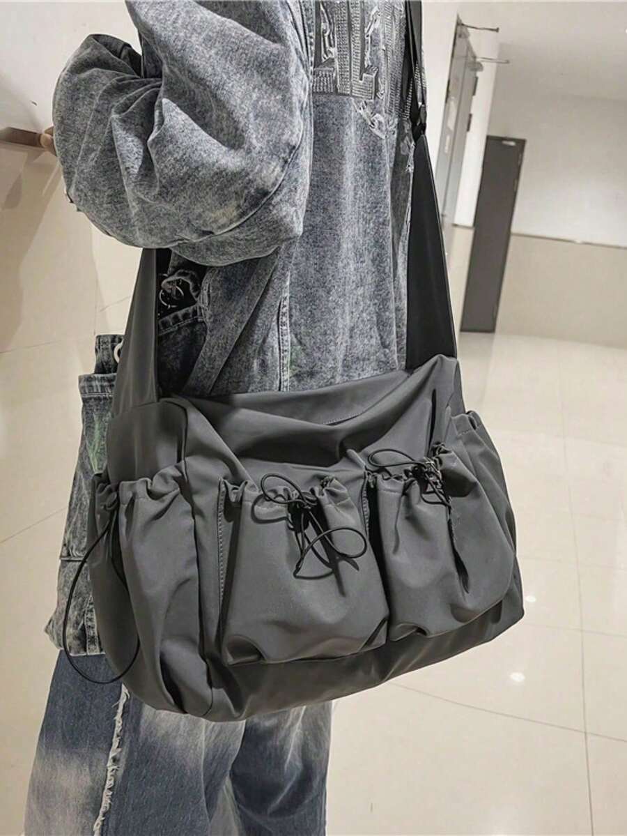 Bolso bandolera unisex de gran capacidad, bolso de hombro impermeable de nailon con cordón y múltiples bolsillos - Gris Oscuro - Ver 1