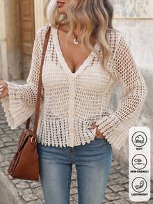 Bohemian Style V-Neck Plaid Hollow Out Ruffle Hem Cover Up - Summer Flare Sleeve Loose Sun Protection Shawl - Apricot - View 2