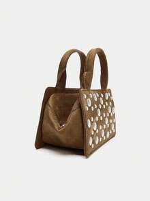 1pc Women's Top Handle Bag, Designer Bag With Metal Rivet Decor, Elongated Zipper Closure Shoulder Bag With Detachable Strap, Interior Pocket, Suitable For Travel, Outdoor, Commute And Daily Use, Durable Handle, Fashion Accessory, New Style Woven Tote Bag, Fashion Wallet, Square Bag, Gift, Shopping Bag, Cosmetic Storage - Camel - View 5