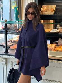 Abrigo de lana con cuello alto, mangas de murciélago, cintura ceñida para mujer en otoño/invierno - Azul marino - Ver 6