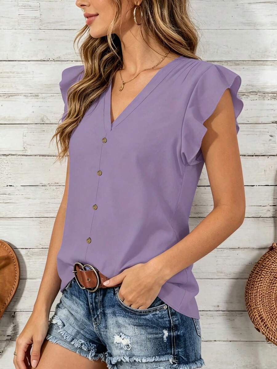 Nuova elegante camicetta da donna a tinta unita con scollo a V e maniche corte, tessuto comodo e non elasticizzato, adatta per l'abbigliamento casual in primavera e estate - Viola - Visualizzare 1