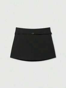 Falda pantalón negra de unicolor minimalista para uso casual, oficina y viajes, con hebilla y cinturón, para verano - Negro - Ver 6