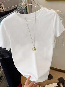 Camiseta de manga corta de cuello redondo de unicolor para uso diario casual de mujer - Blanco - Ver 1