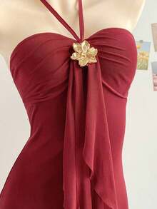 2026 Women's Romantic Gradient Mesh Knit Holiday Dress With Halter Neck, Bow And Decorative Metal Buckle, Mermaid Cut, Suitable For Parties, Dates, Afternoon Tea, Sexy And Elegant - 酒紅色 - 查看 3