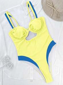 Traje de baño de una pieza con bloques de color para mujer.El contraste de color sexy favorece la figura, perfecto para vacaciones en la playa y atuendos casuales.Negro verano - Amarillo - Ver 2