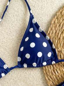Nuevo conjunto de bikini con estampado de lunares sexy, espalda descubierta y lazo, con tirantes de espagueti para playa y piscina en vacaciones - azul real - Ver 3