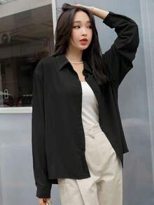 Camisa con botones y hombros caídos, blusas de manga larga, ropa de mujer para otoño - Negro - Ver 3