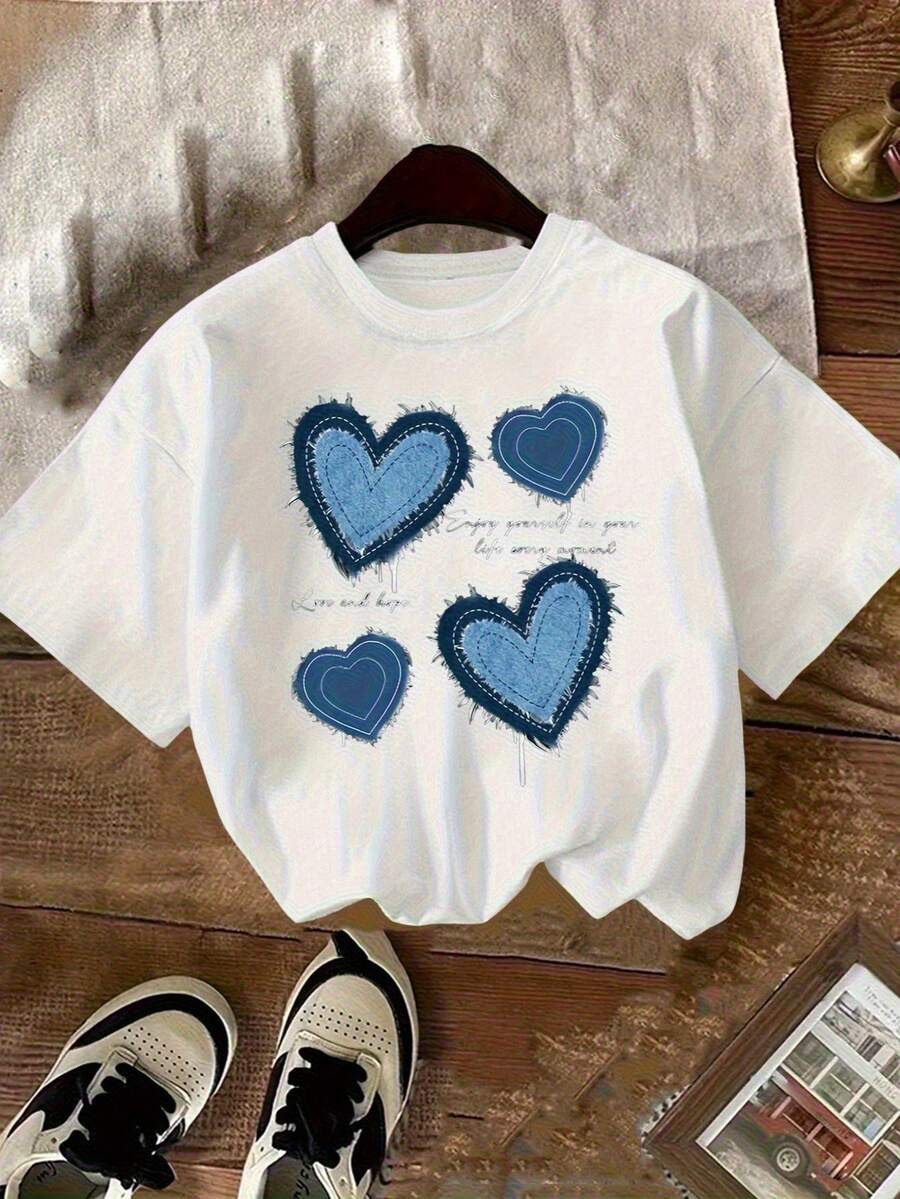 Casual Short-Sleeved, Crew-Neck T-Shirt With A Print, Ideal For Summer. Suitable For Children And Teenagers. Breathable And Sweat-Wicking. - 藍白色 - 查看 1