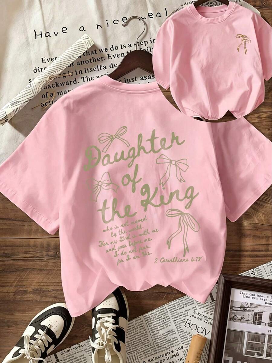 [Easter Cotton T-Shirt]Tweed Girl One-Piece Girl Jesus Bow Whale Print Pullover Crew Neck T-Shirt, Spring/Summer/Autumn Student Young Children's Short-Sleeve Top - Perfect For Playing And Casual Outings. A Fun And Colorful T-Shirt That Inspires Every Child's Imagination. Suitable For Sporty Girls' Everyday Wear, Street Style, And School Uniforms. - Hồng - Xem 1
