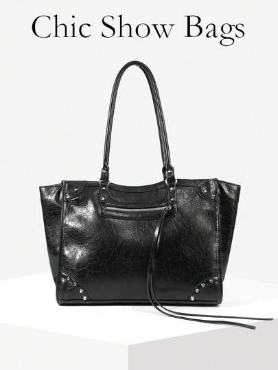 Vintage Motorcycle Style Large-Capacity Tote Bag, Black Oil Wax Leather Rivet Shoulder Commuter Bag
